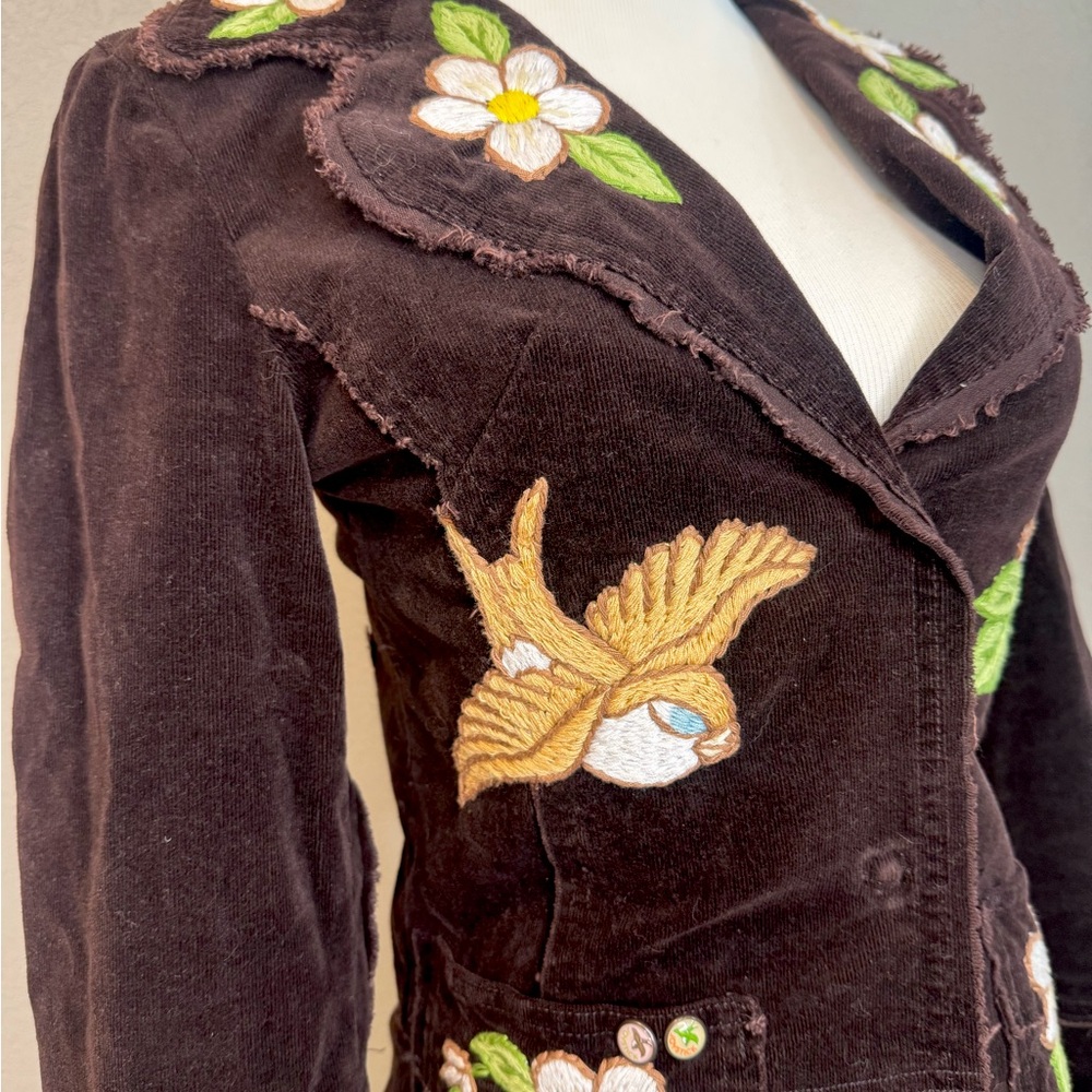 Vintage Joystick Brown Jacket with Floral and Bird Design